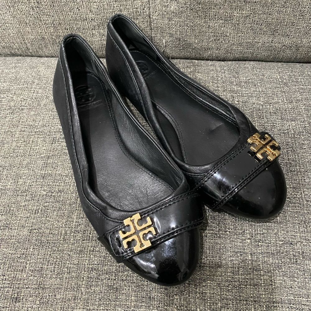 Tory Burch Eloise Black Leather Logo Ballet Flats Women Size 7